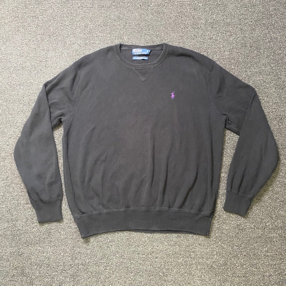 Polo Ralph Lauren Crewneck Sweater Black Mens Large Purple Pony Logo Cotton Prep
